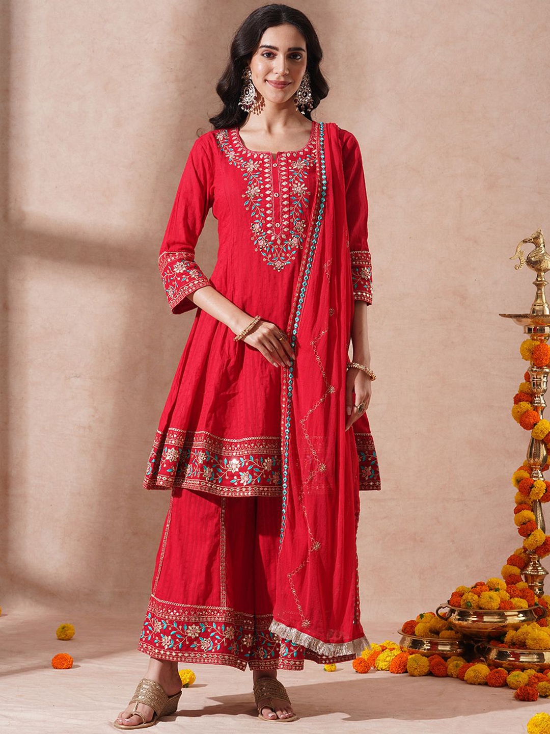 

FASHOR Ethnic Motifs Embroidered Sequinned Pure Cotton Kurta With Palazzos & Dupatta, Red