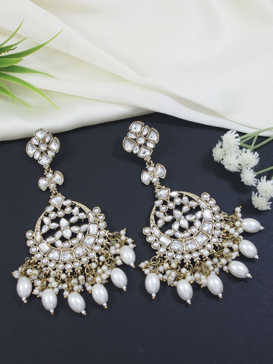 

I Jewels Gold-Plated Contemporary Chandbalis Kundan Stud Earrings, White