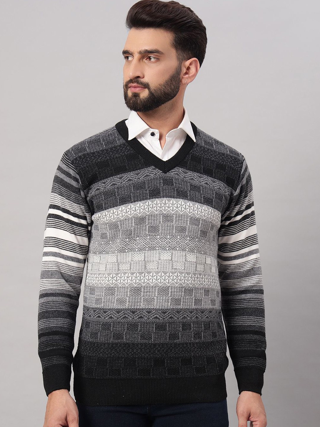 

eWools Men Checked Woollen Pullover, Black