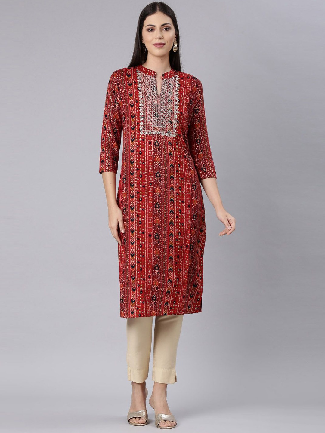 

Neerus Floral Printed Mandarin Collar Thread Work Straight Kurta, Red