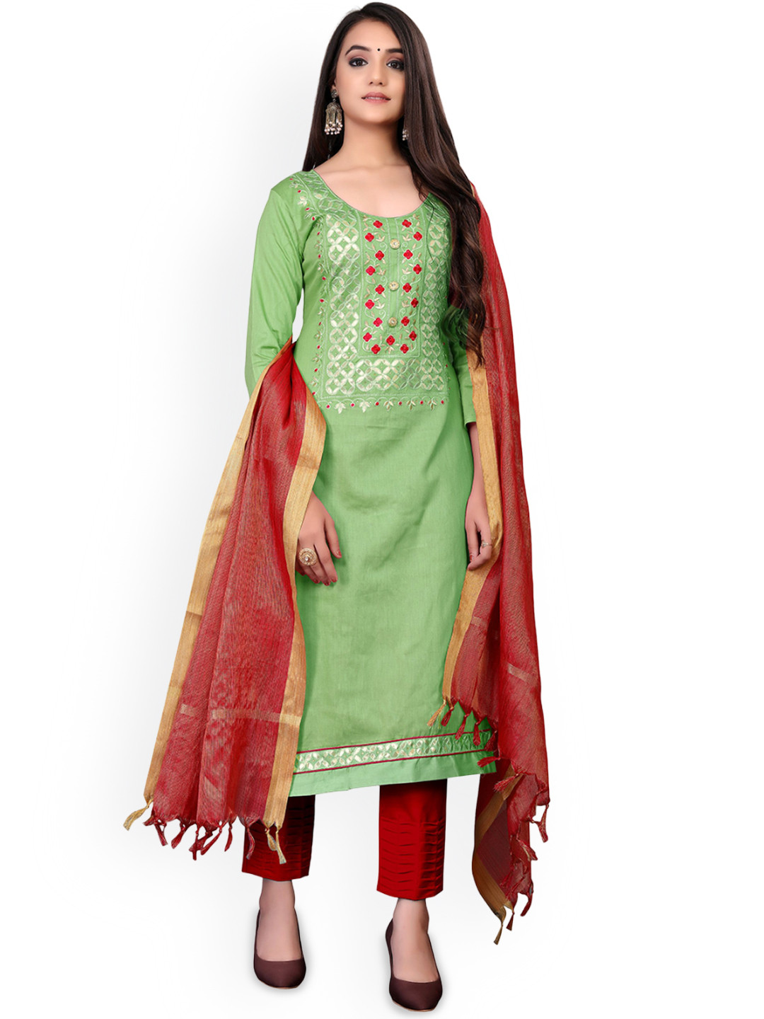 

Maroosh Floral Woven Design Glaze Cotton Unstitched Dress Material, Green