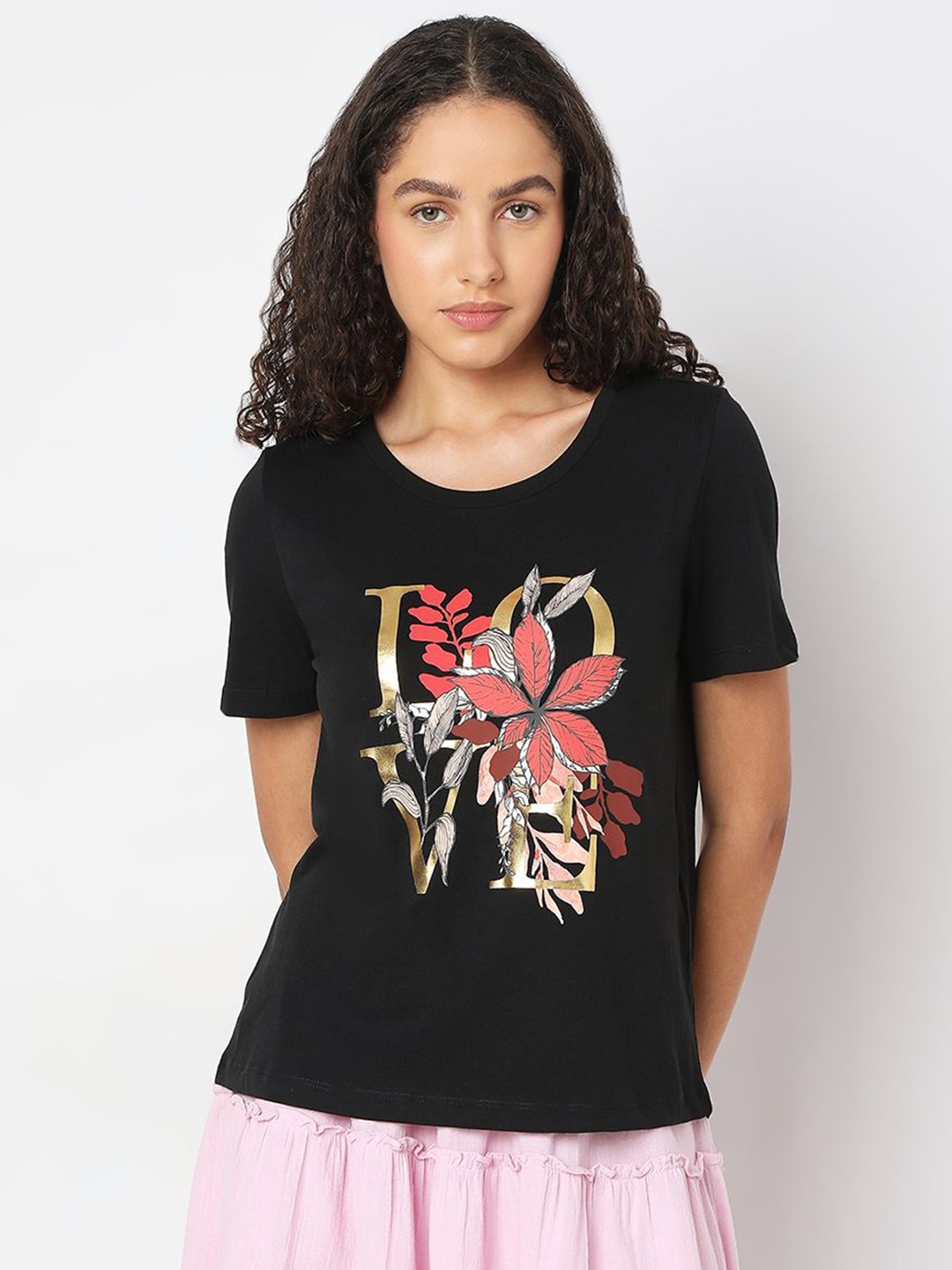 

Vero Moda Women Floral Printed Round Neck Organic Cotton T-shirt, Black