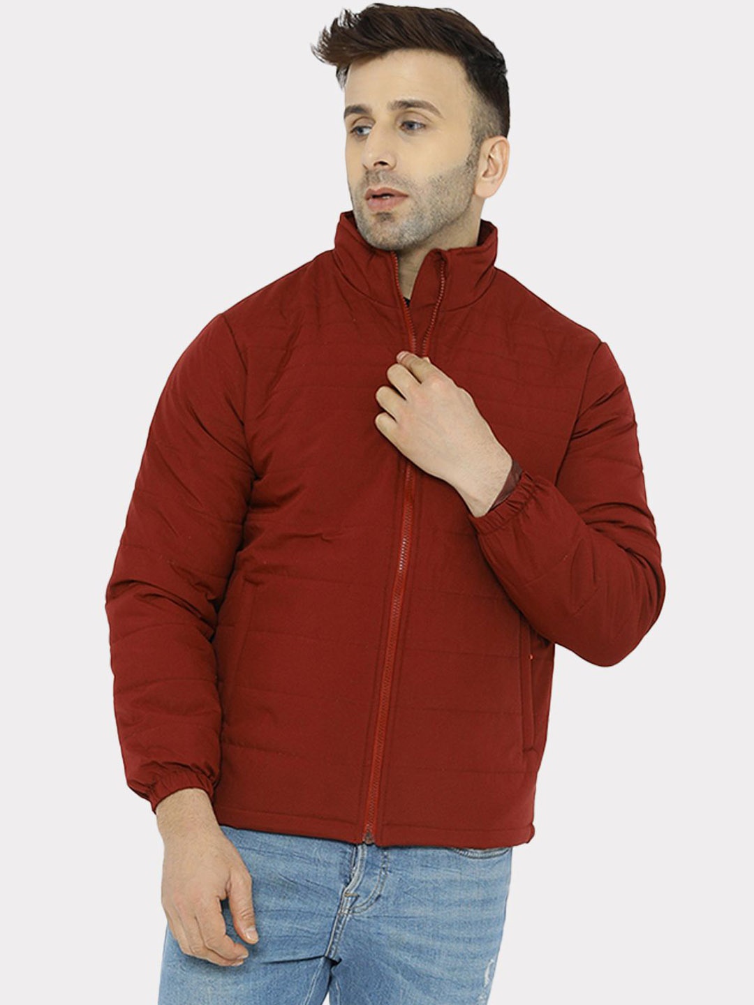 

WELL QUALITY Men Mock Collar Solid Casual Padded Jacket, Maroon