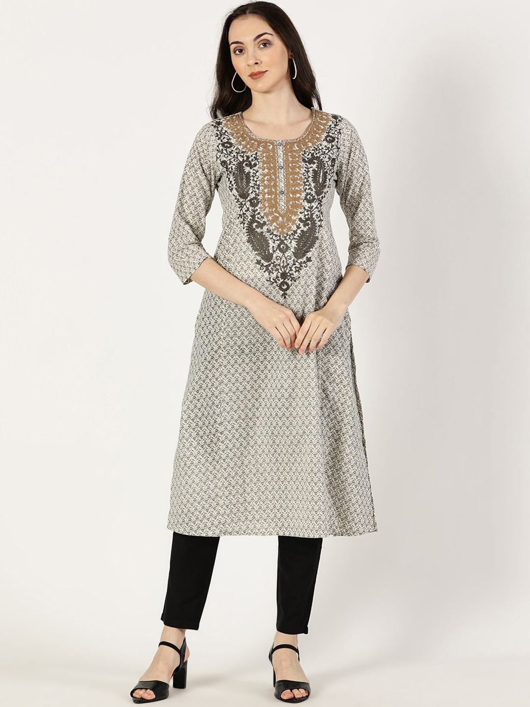 

Saffron Threads Floral Printed Round Neck Thread Work Pure Cotton A-Line Kurta, Grey