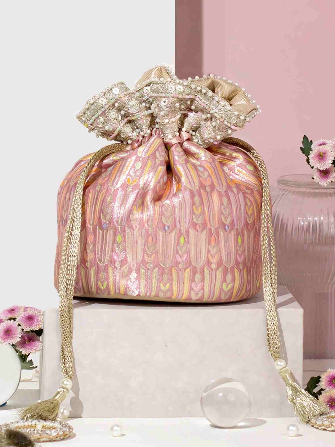 

AMYRA Women Ethnic Motifs Printed Structured Handheld Bag, Peach