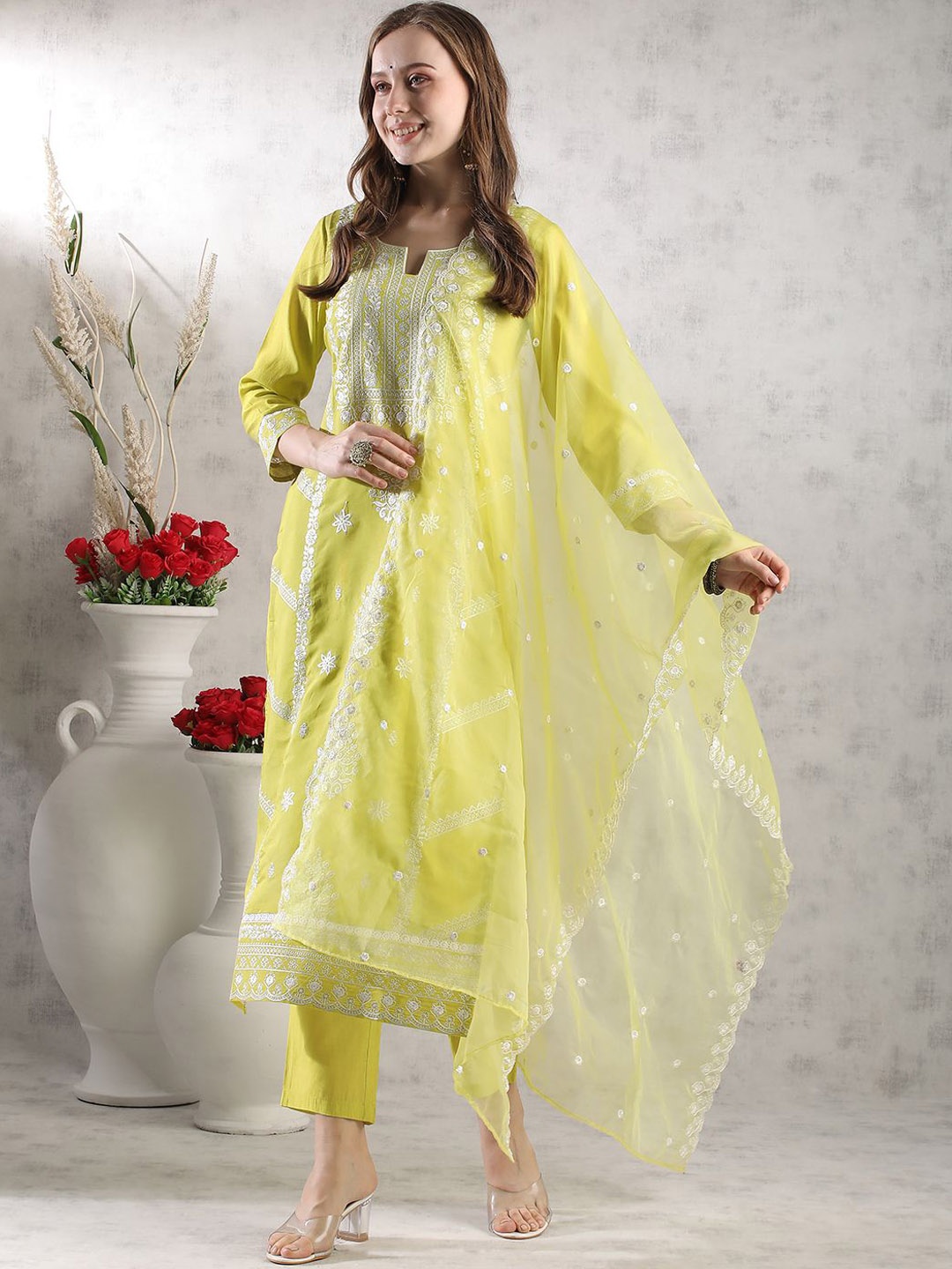 

KALINI Floral Printed Notch Neck Sequinned Straight Kurta With Trousers & Dupatta, Green