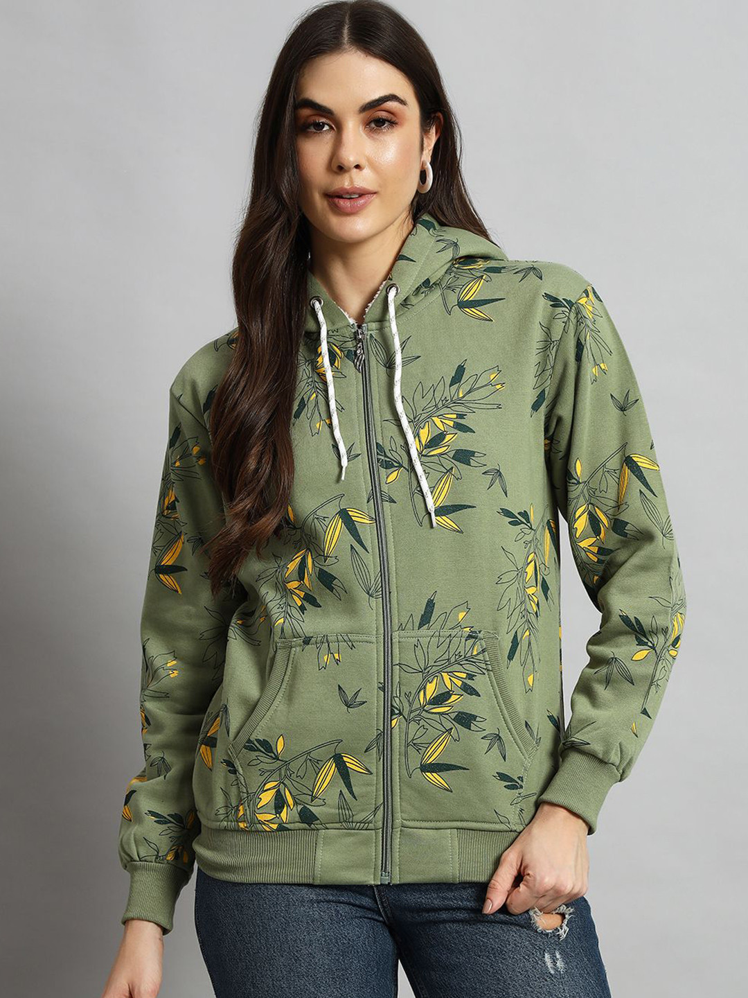 

eWools Women Floral Printed Hooded Sweatshirt, Green