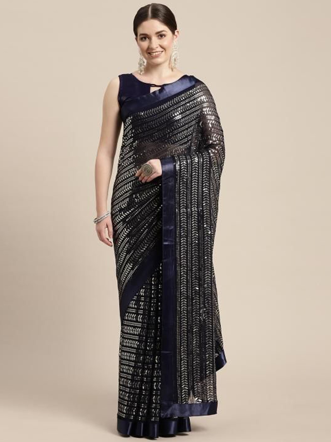 

VAIRAGEE Women Embellished Sequinned Ready to Wear Saree, Navy blue