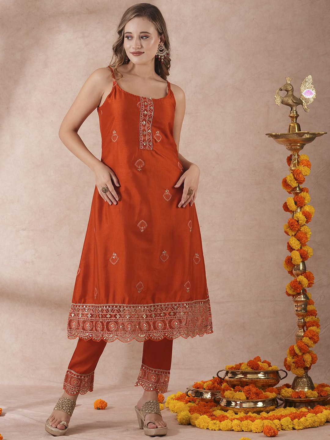 

FASHOR Embroidered Shoulder Straps Neck Sleeveless Top With Trouser, Rust