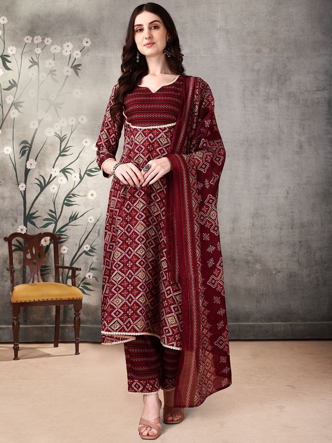 

KALINI Ethnic Motifs Printed Anarkali Kurta With Palazzos & Dupatta, Maroon