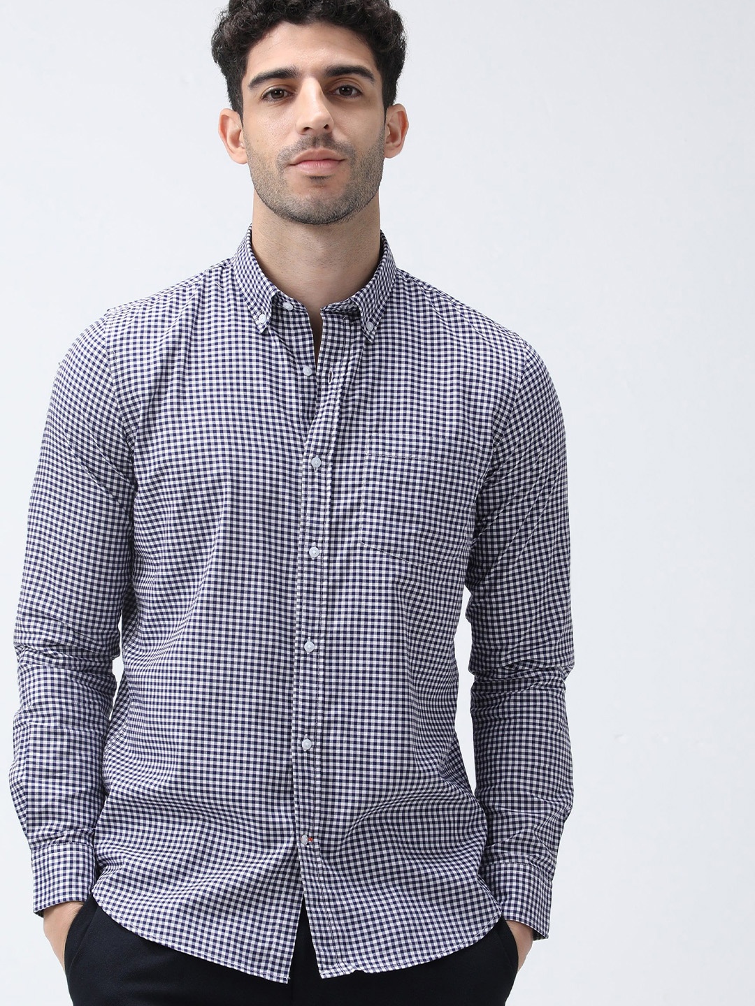 

BARE BROWN Men Button-Down Collar Micro Checked Cotton Casual Shirt, Navy blue