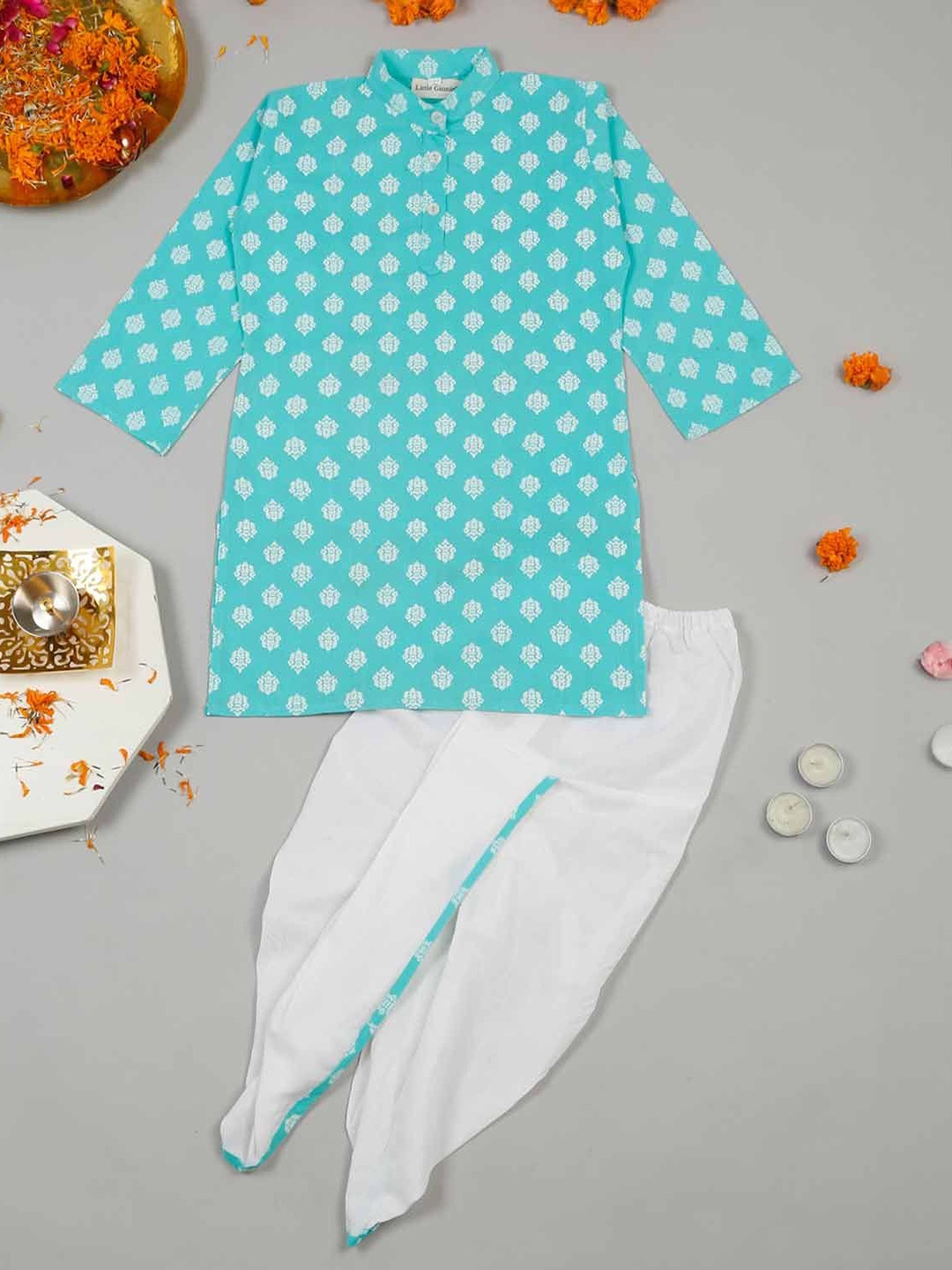 

LITTLE GINNIE Boys Ethnic Motifs Printed Kurta with Dhoti Pant, Blue
