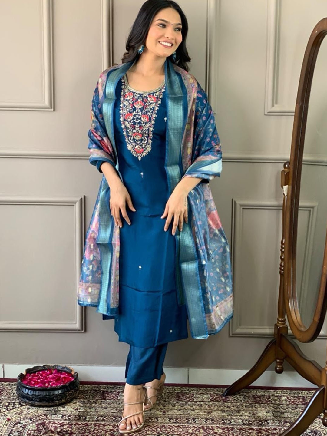 

KALINI Floral Embroidered Sequinned Chanderi Silk Kurta With Trousers & Dupatta, Blue