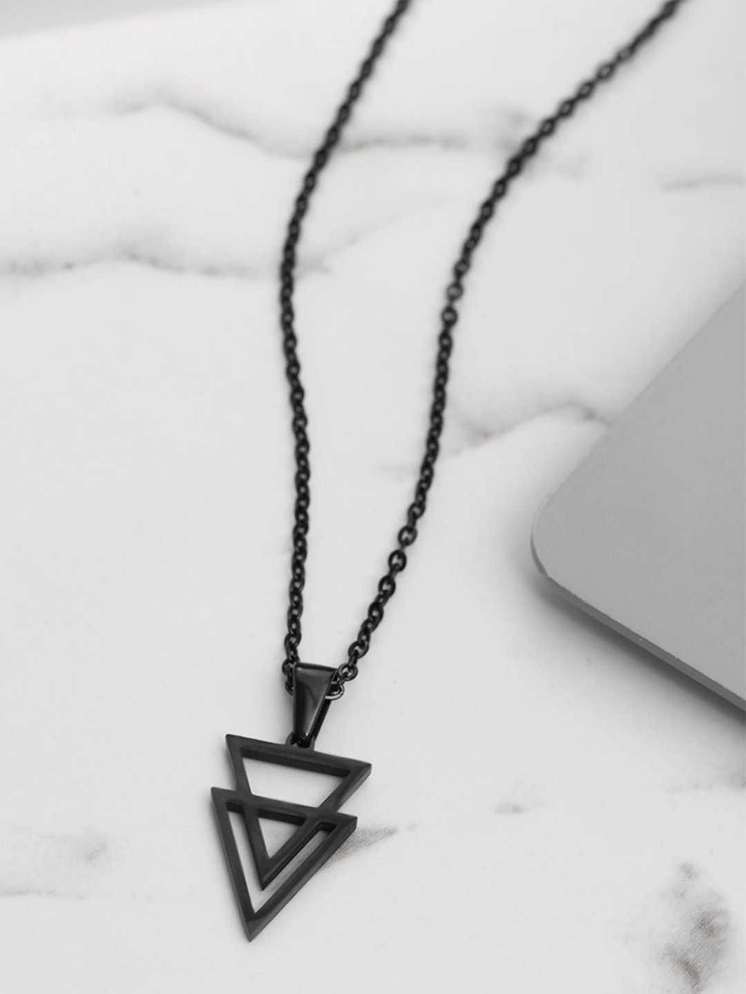 

Yellow Chimes Men Stainless Steel Triangle Shaped Pendant With Chain, Black