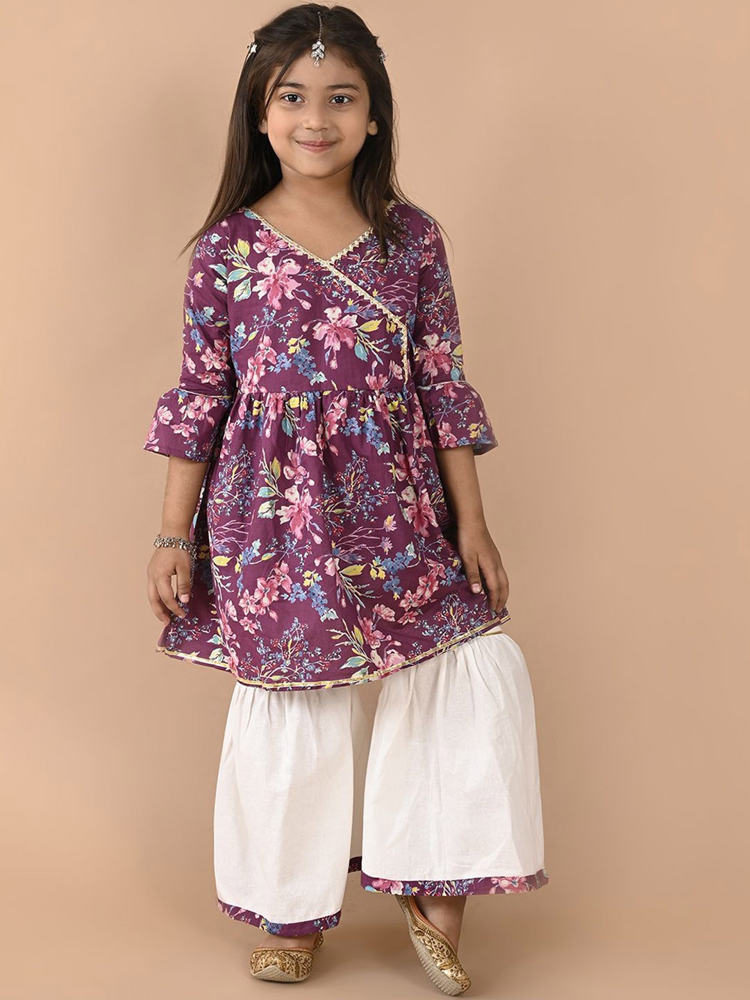 

BAESD Girls Floral Printed Gotta Patti Pure Cotton Kurta With Sharara, Purple