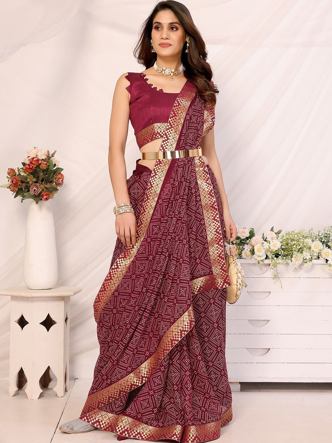 

KALINI Printed Zari Saree with Blouse Piece, Maroon