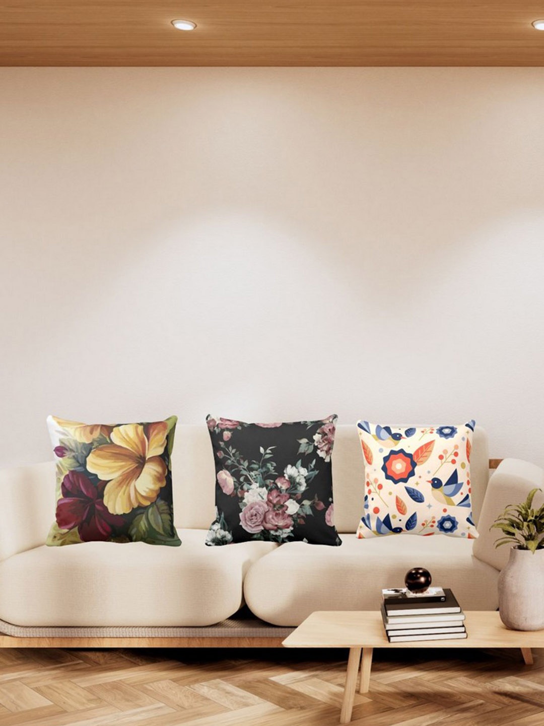 

THEYAYACAFE 3 Pieces Black & Mustard 3 Pieces Floral Velvet Square Cushion Covers