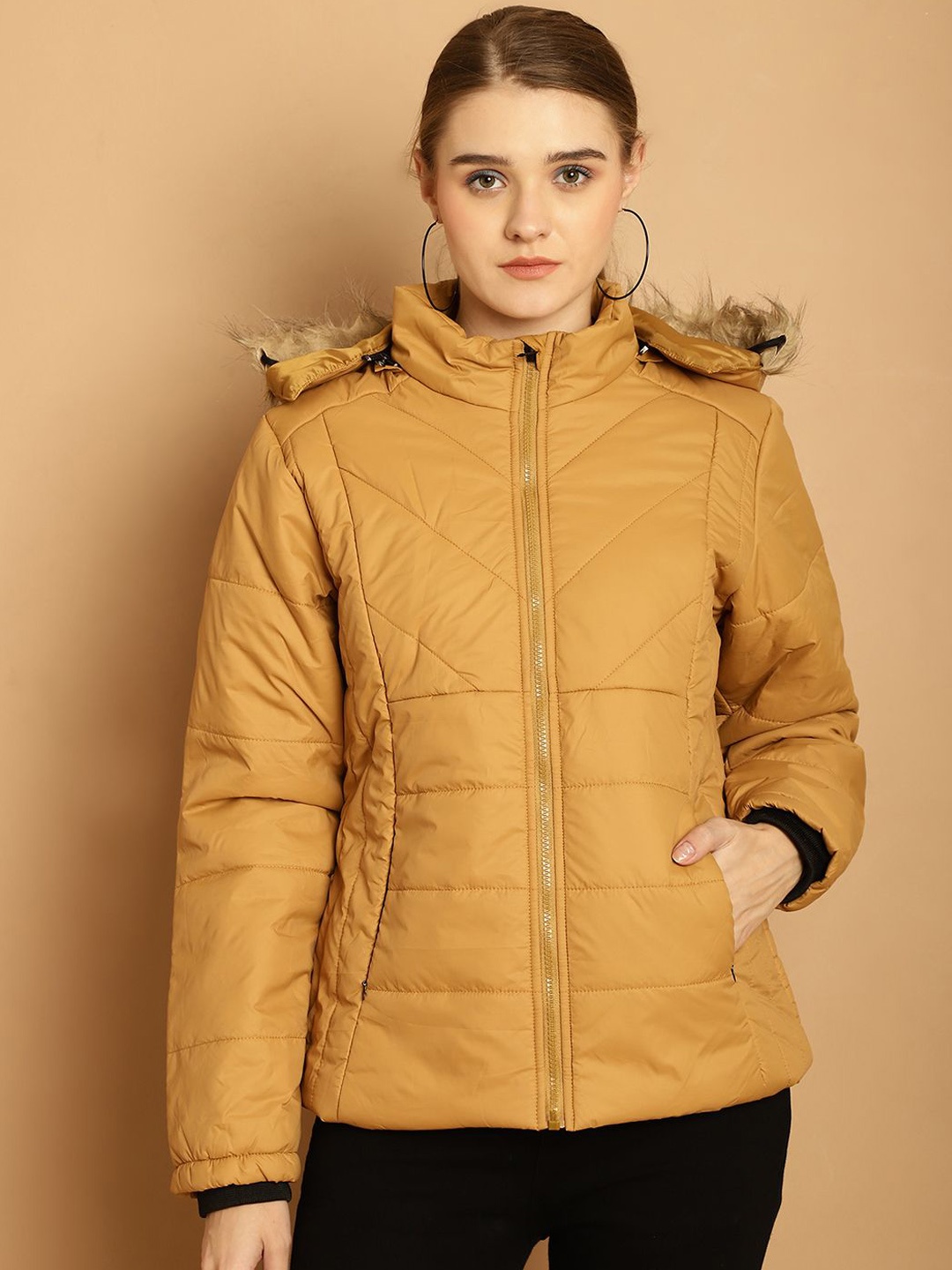

WELL QUALITY Women Hooded Solid Casual Parka Jacket, Mustard