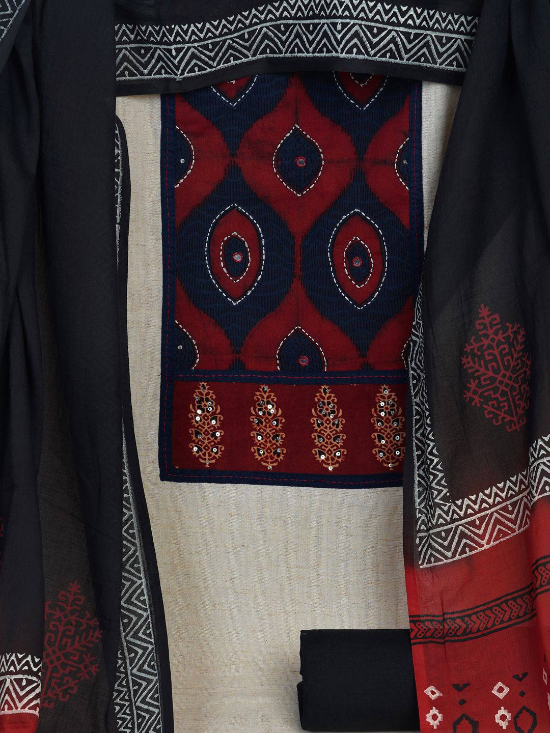 

KAMI KUBI Geometric Printed Sequinned Pure Cotton Unstitched Dress Material, Off white