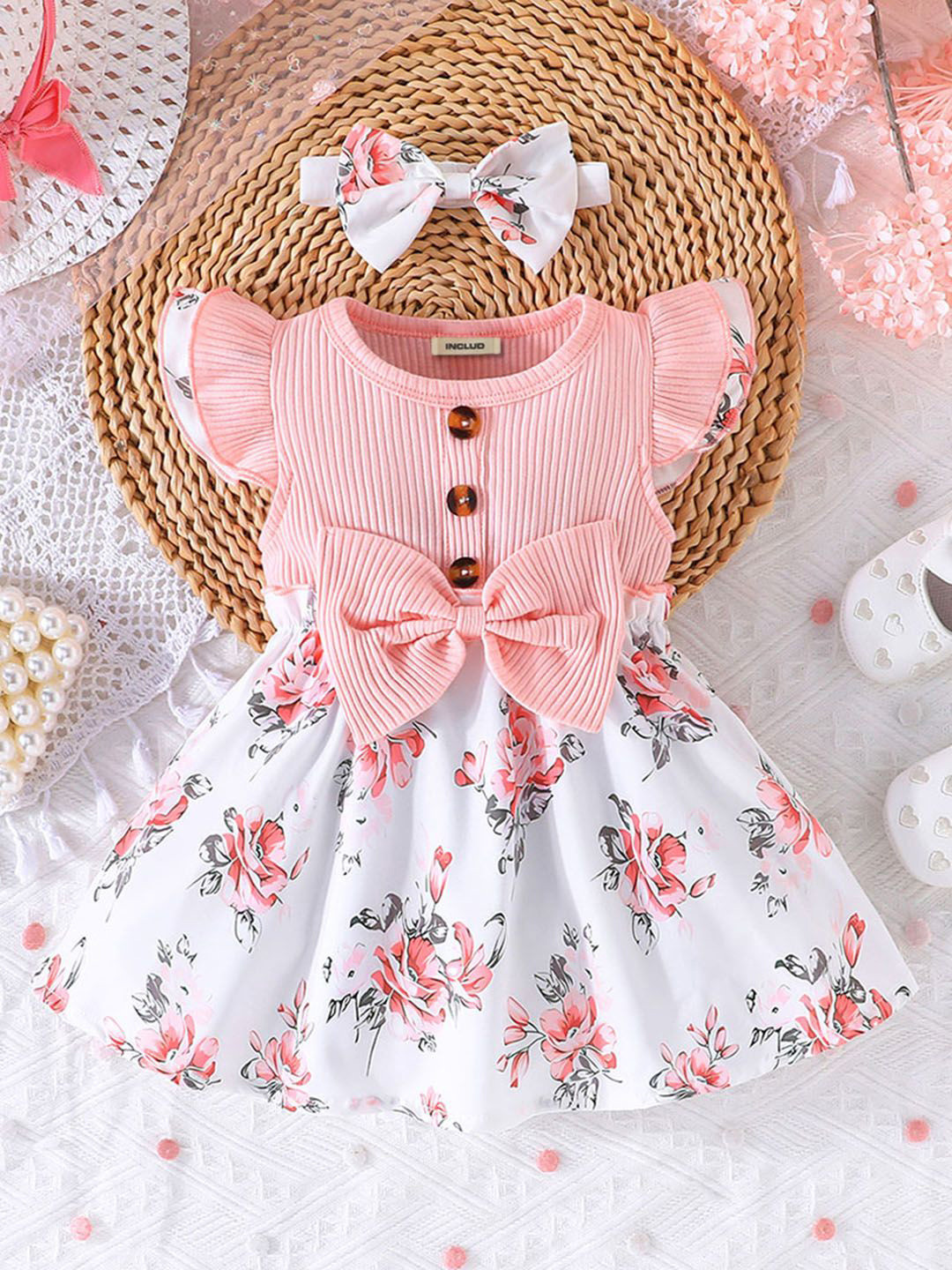 

INCLUD Girls Floral Printed Flared Sleeve Fit & Flare Knee Length Dress, Pink