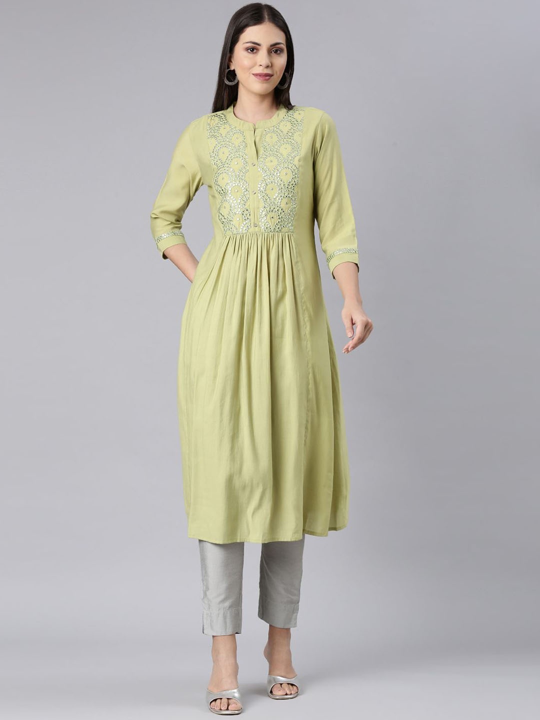 

Neerus Embellished Mandarin Collar Mirror Work Anarkali Kurta, Green
