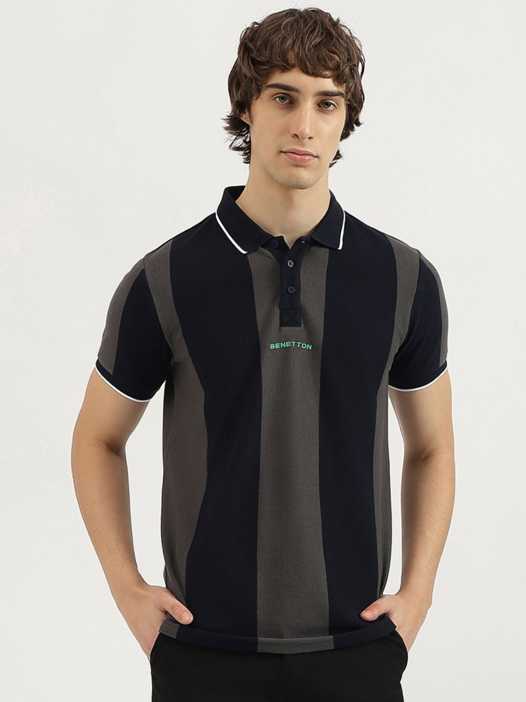 

United Colors of Benetton Men Striped Polo Collar Pure Cotton T-shirt, Black