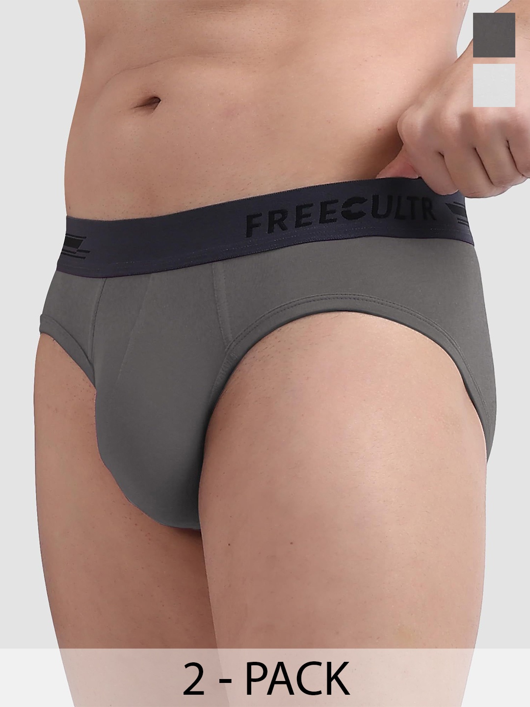 

FREECULTR Men Pack Of 2 Anti Bacterial Ribbed Basic Briefs, Grey