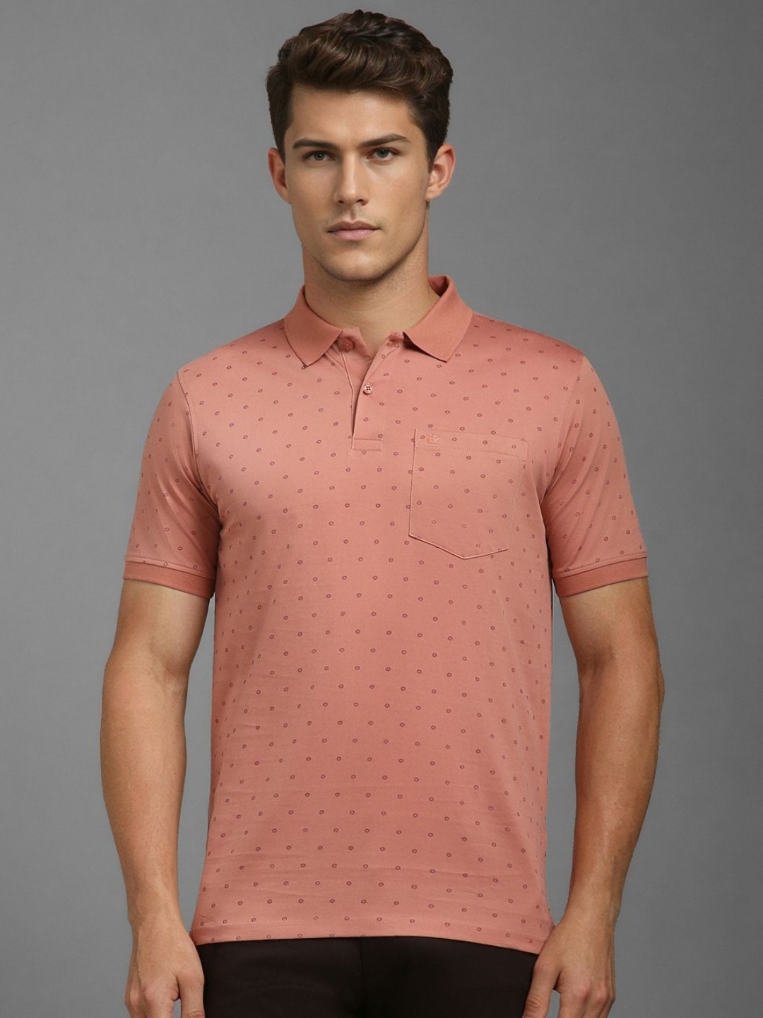 

Louis Philippe Men Geometric Printed Polo Collar Cotton T-shirt, Peach