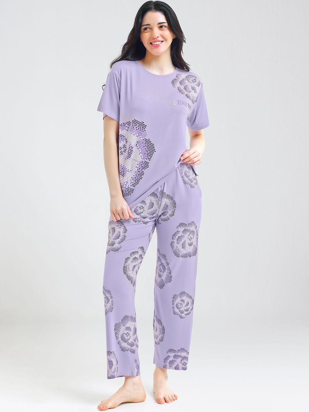 

I like me Women purple Round Neck Short Sleeves Printed Night suit
