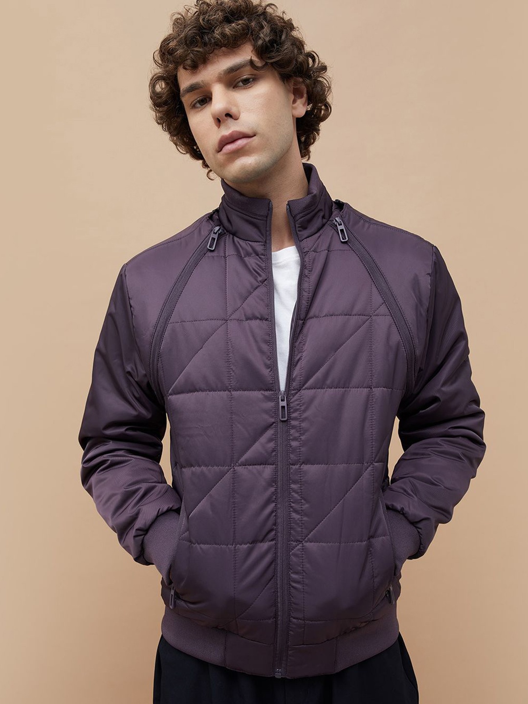 

Bossini Men Mock Collar Solid Casual Padded Jacket, Purple