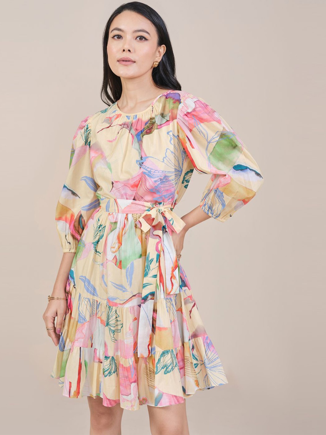 

AND Women Pure Cotton Floral Printed Fit And Flare Dress, Pink