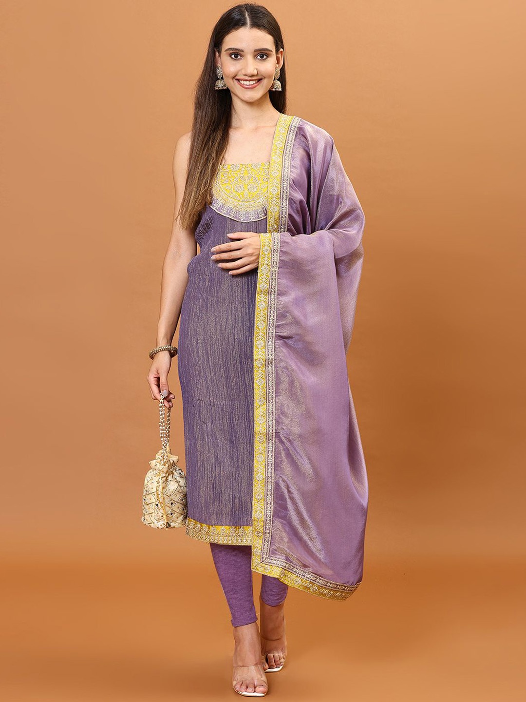 

Meena Bazaar Embroidered Zari Tissue Unstitched Dress Material, Purple