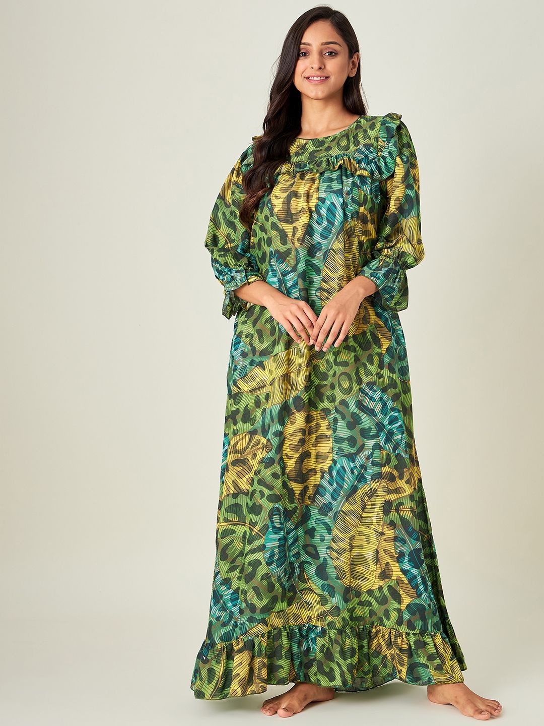 

The Kaftan Company Women Green Printed Round Necck Maxi Nightdress