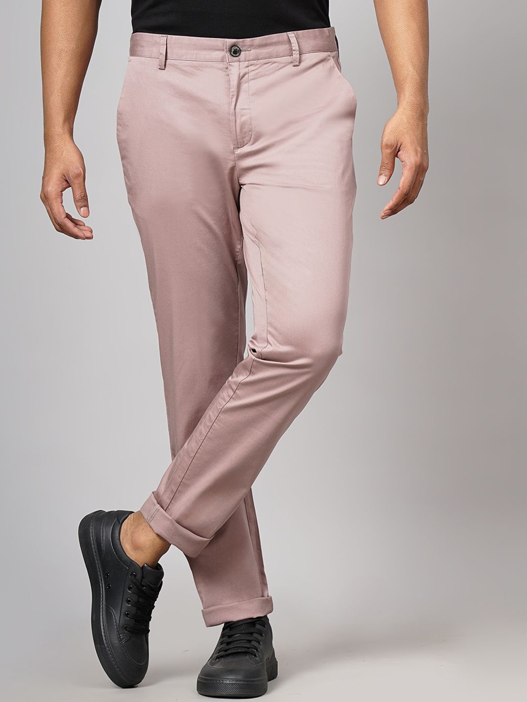 

JADE BLUE Men Cotton Mid-Rise Slim Fit Trousers, Pink