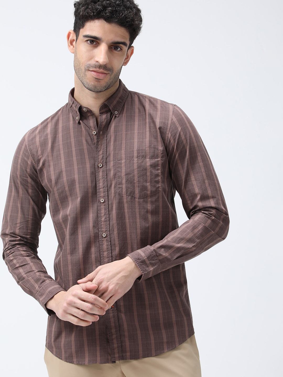 

BARE BROWN Men Button-Down Collar Vertical Striped Cotton Slim Fit Casual Shirt