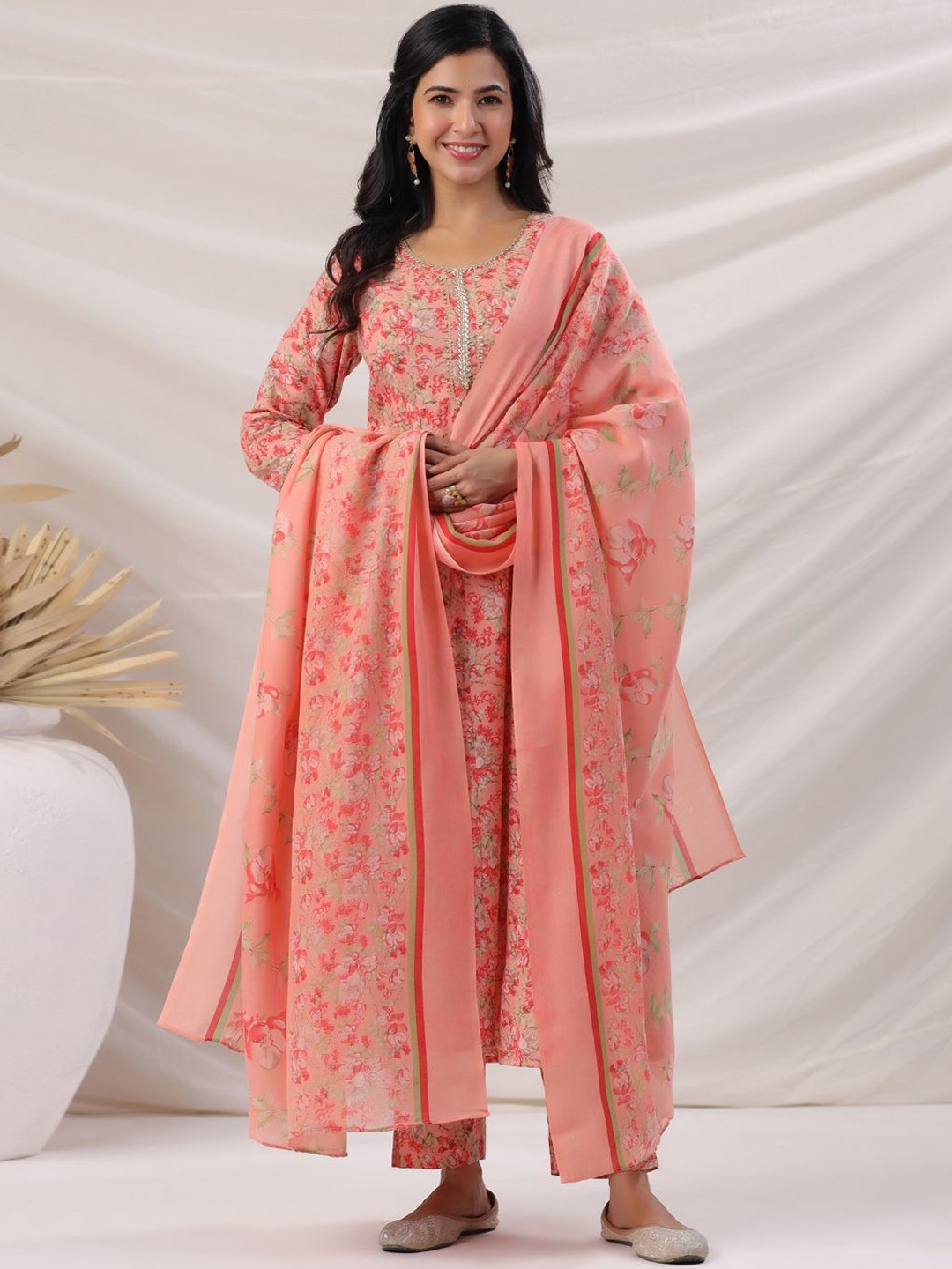 

KALINI Floral Printed Gotta Patti Anarkali Kurta with Trousers & Dupatta, Peach