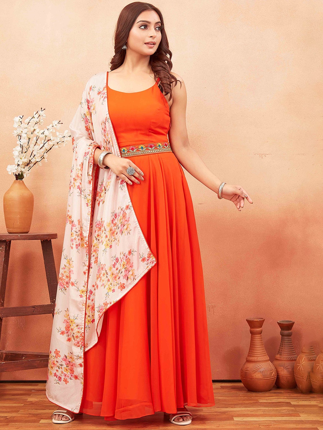 

Chandbaali Women Sleeveless Fit & Flare Dress With Printed Dupatta & Embroidered Belt, Orange