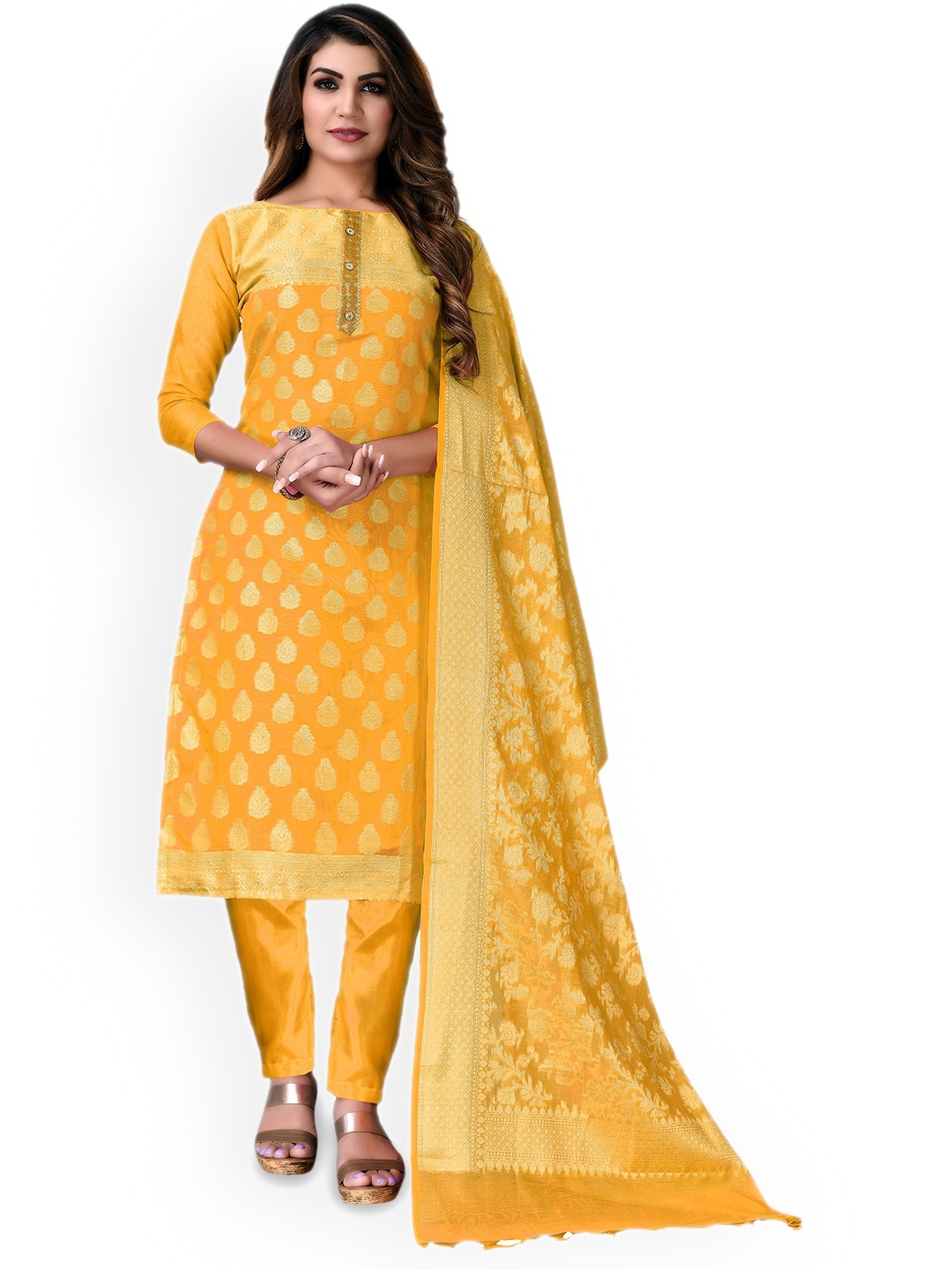 

Maroosh Embellished Unstitched Dress Material, Yellow