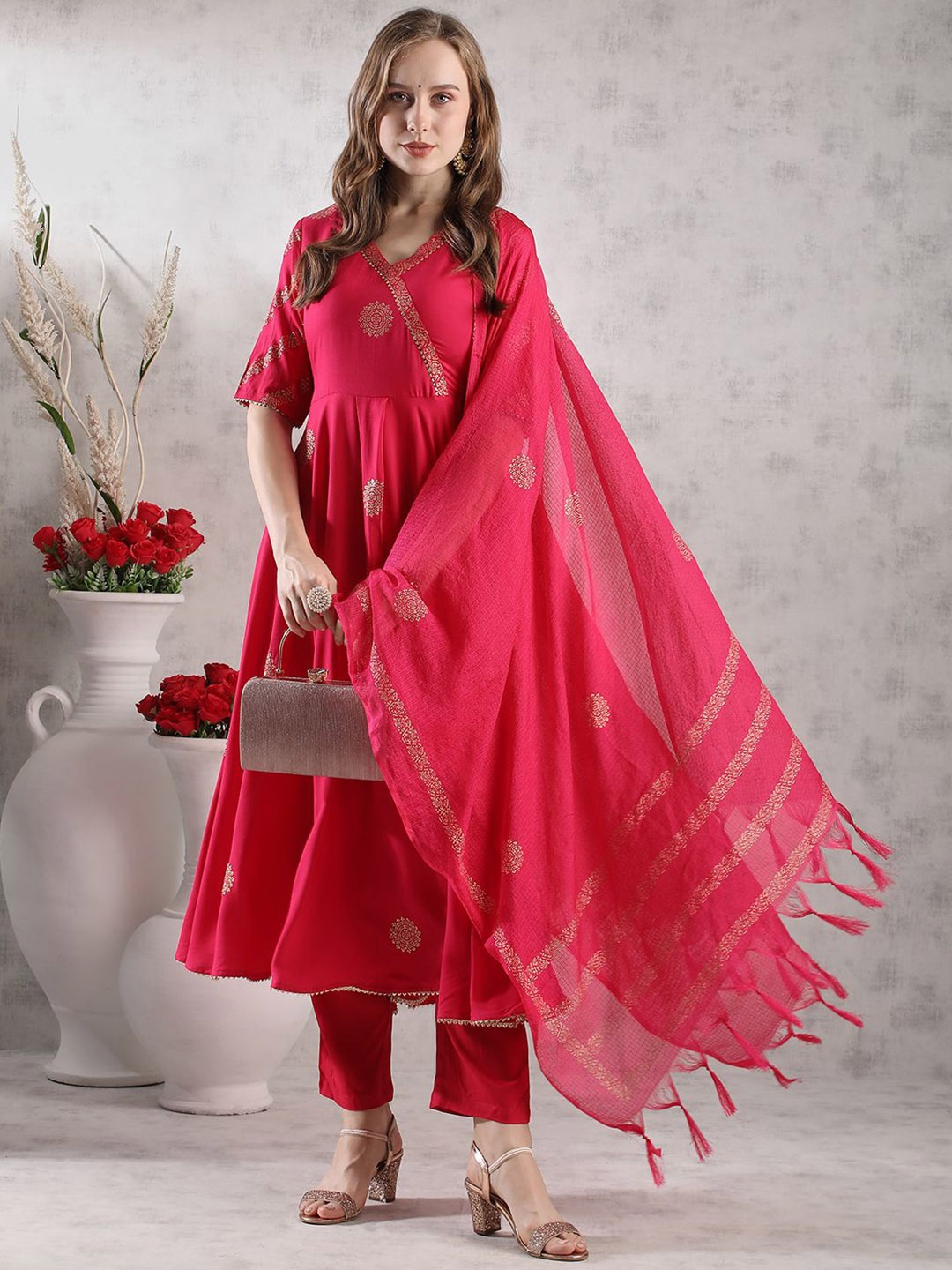 

Anni Designer Floral Woven Design Regular Anarkali Kurta with Trousers & Dupatta, Pink