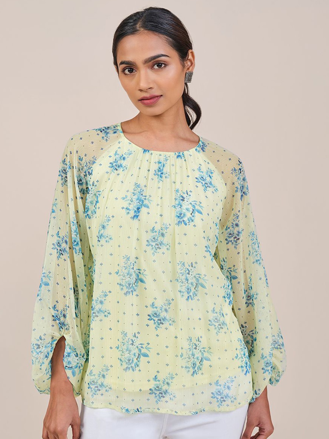 

Global Desi Floral Printed Round Neck Blouson Top, Yellow