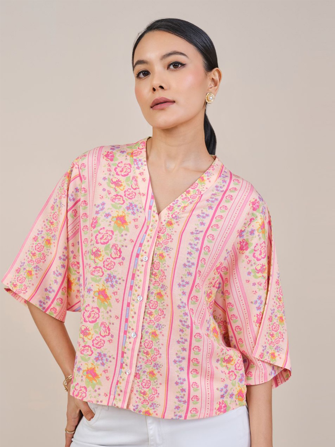 

AND Women Floral Printed Flared Sleeve Top, Peach