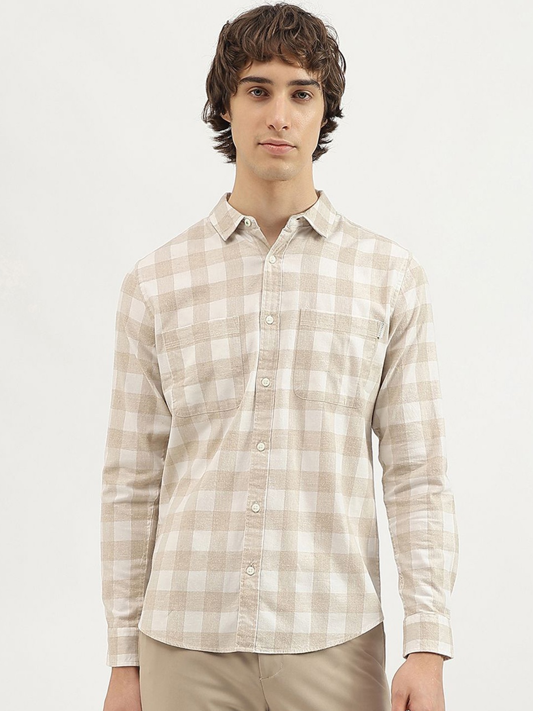 

United Colors of Benetton Men Spread Collar Checked Cotton Casual Shirt, Khaki