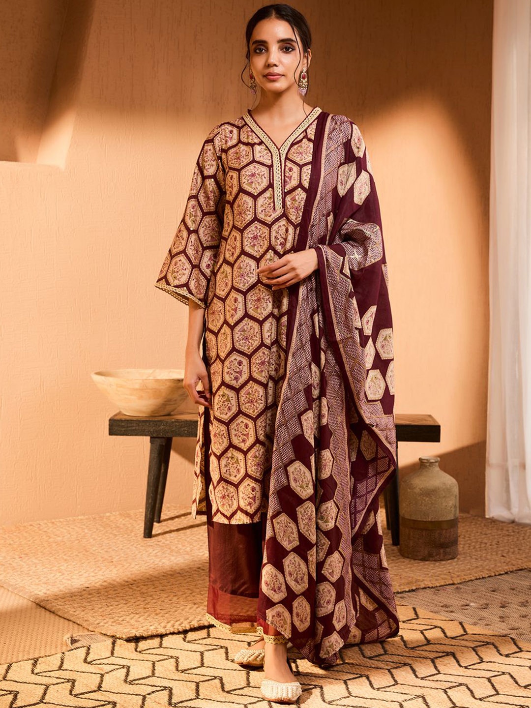 

Bani Women Floral Printed Gotta Patti Straight Kurta with Palazzos & Dupatta, Brown