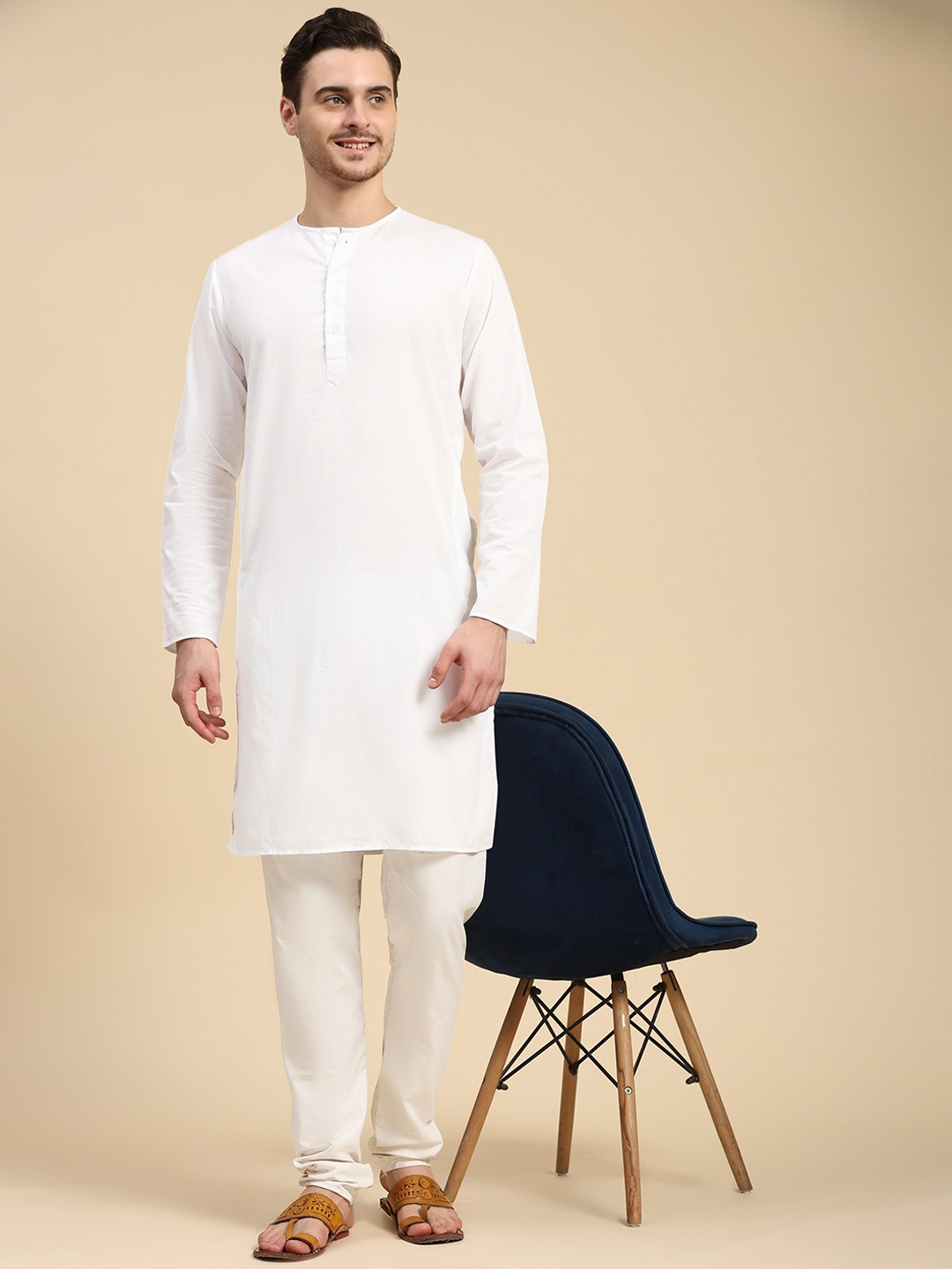 

SKAVIJ Round Neck Long Sleeves White Romance Pure Cotton Straight Kurta with Pyjamas