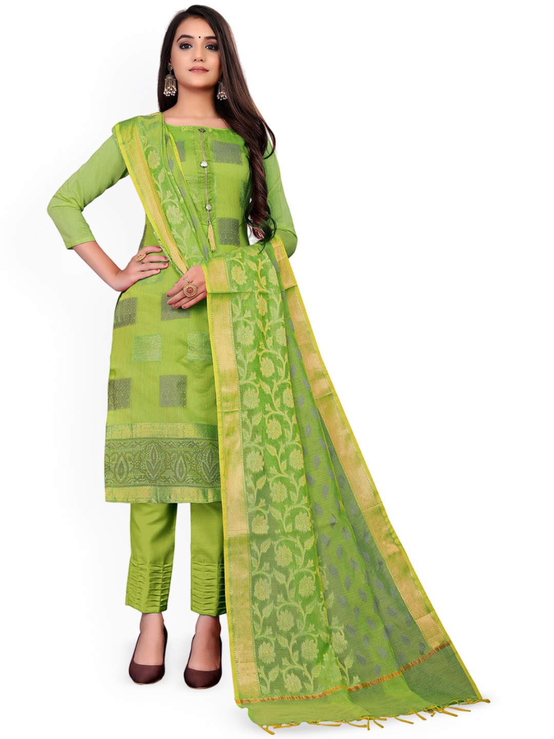 

Maroosh Floral Woven Design Zari Banarasi Jacquard Unstitched Dress Material, Green