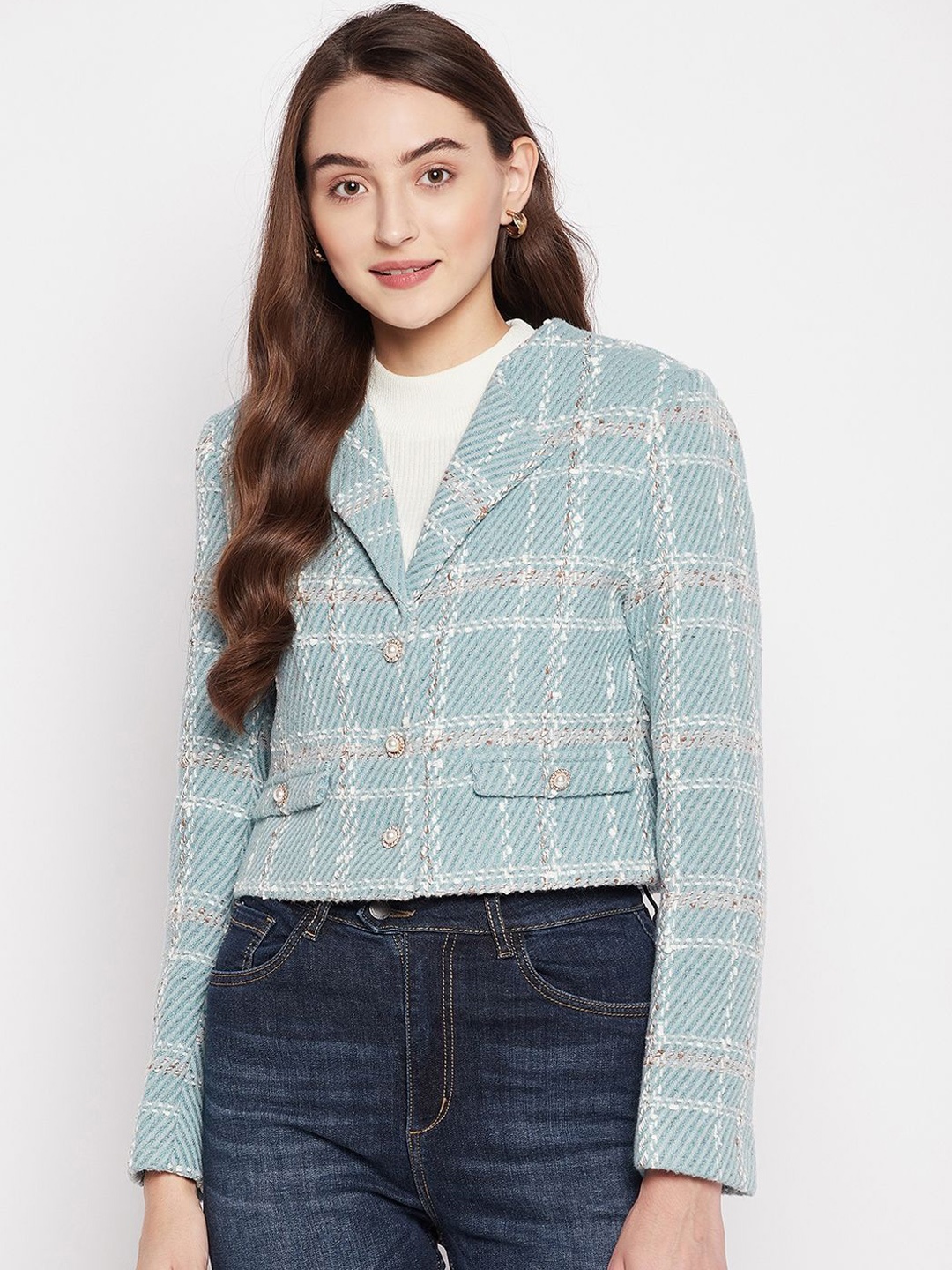 

Madame Checked Notched Lapel Single-Breasted Blazers, Blue