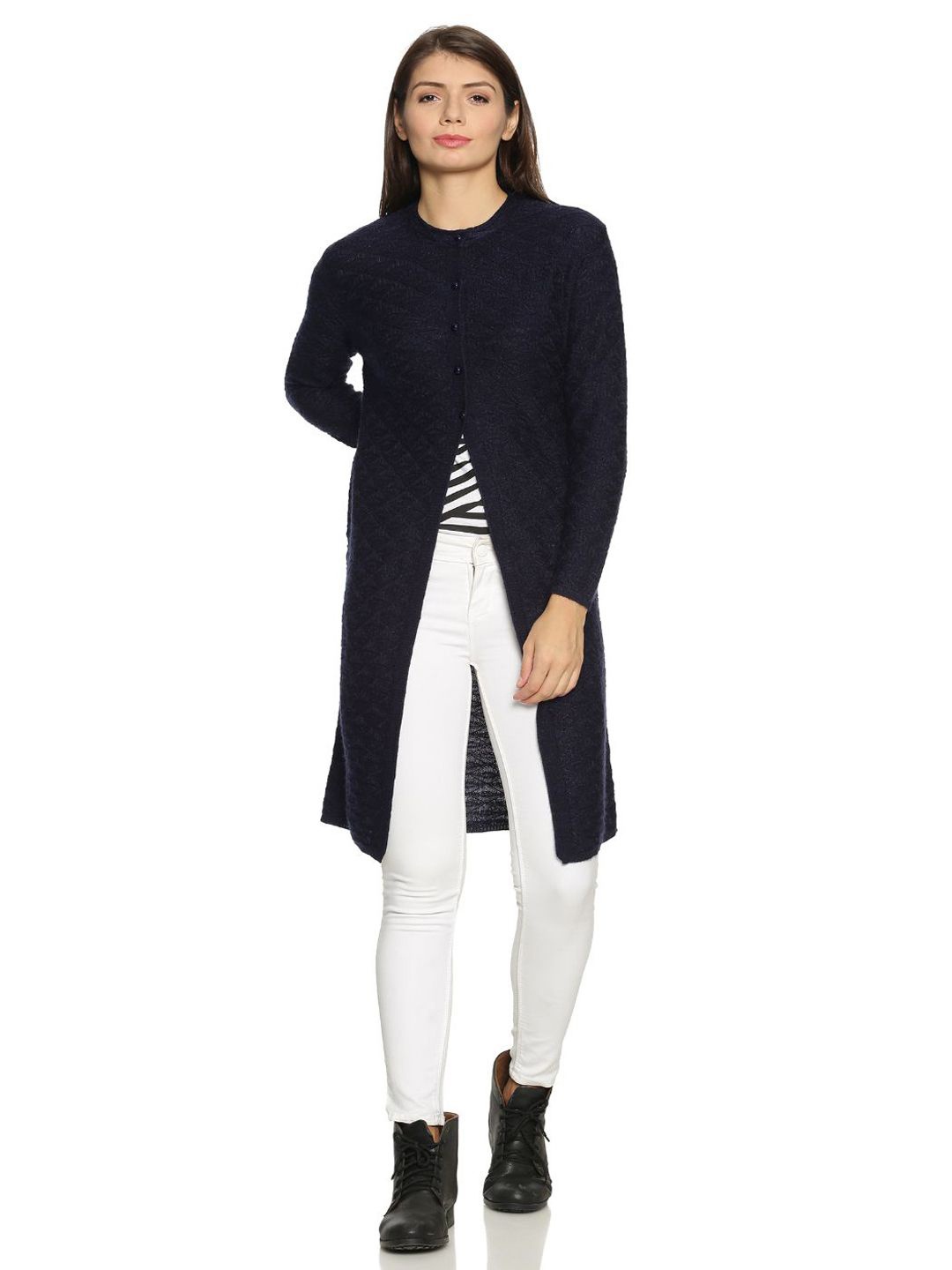 

CLAPTON Women Woollen Longline Cardigan, Navy blue