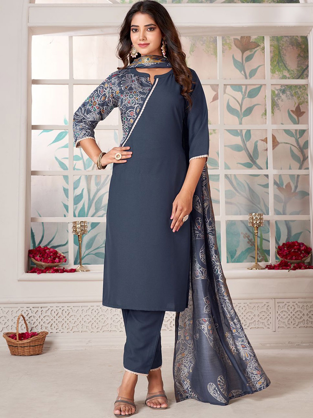 

KALINI Floral Printed Mandarin Collar Straight Kurta With Trousers & Dupatta, Grey