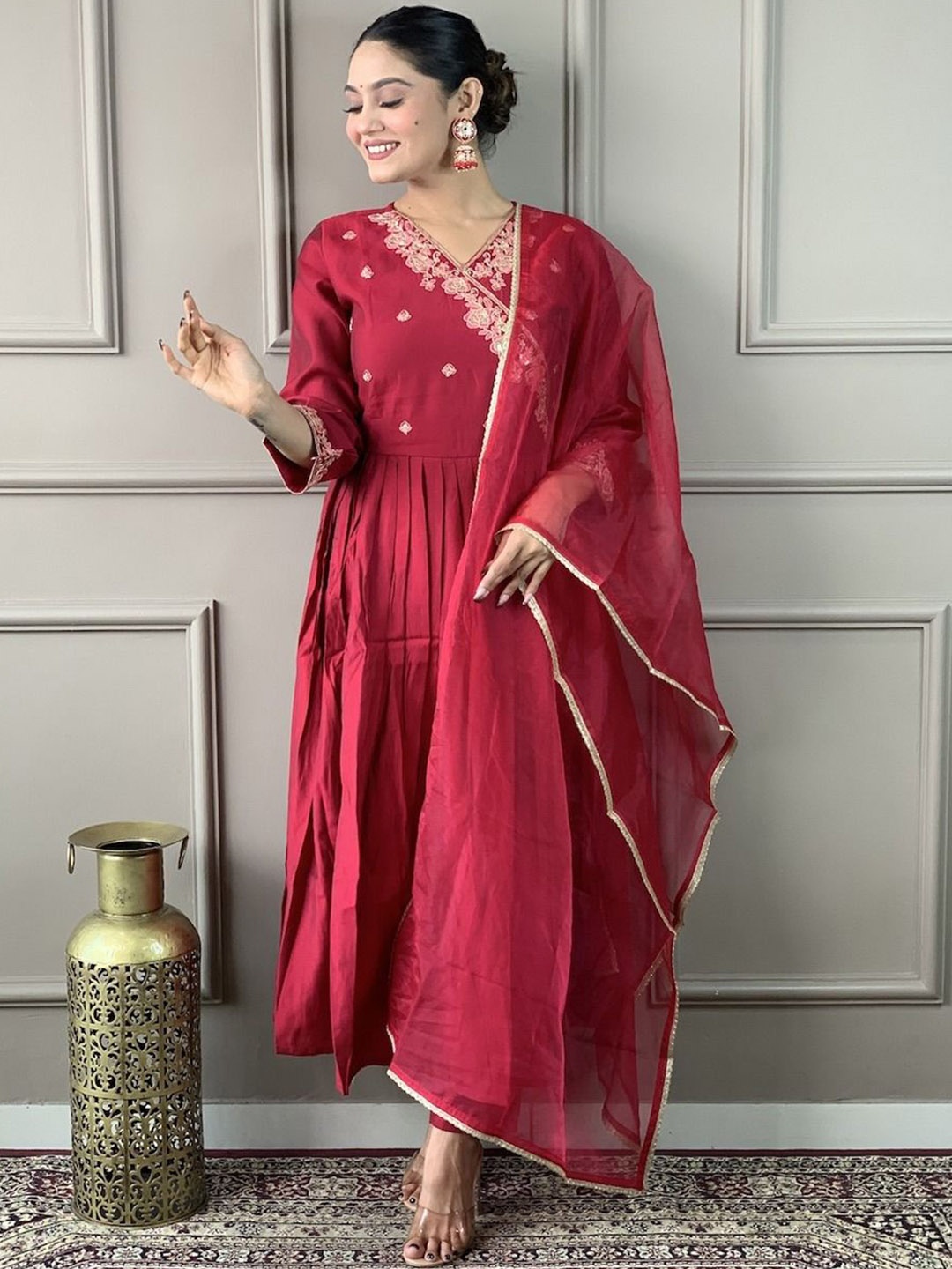 

KALINI Floral Embroidered Pleated Kurta With Trousers & Dupatta, Red
