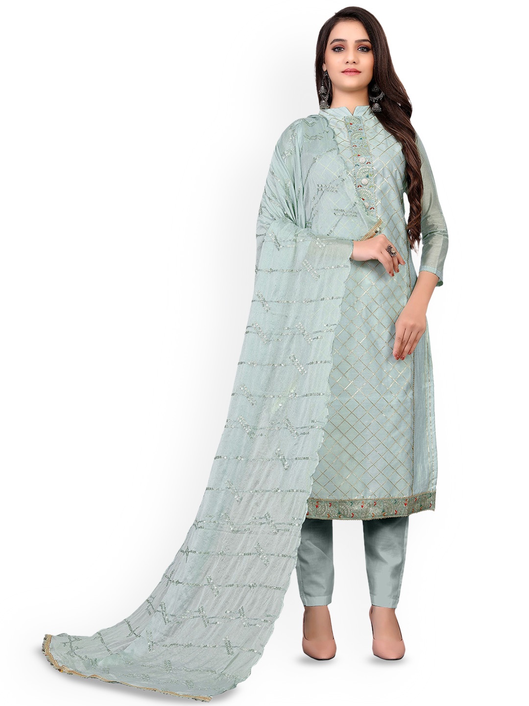 

Maroosh Geometric Embroidered Gotta Patti Unstitched Dress Material, Grey